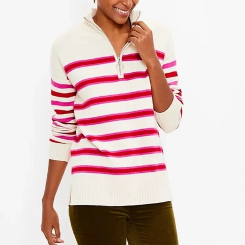 Loft Striped Quarter Zip Sweater in Cream, Pink, and Red - Picture 2 of 7